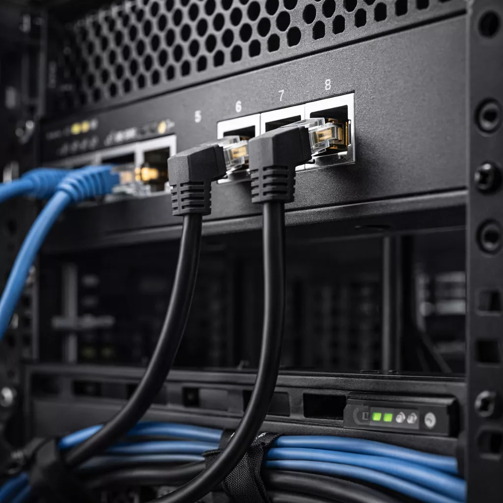 RJ45 Winkelstecker im Netzwerkschrank