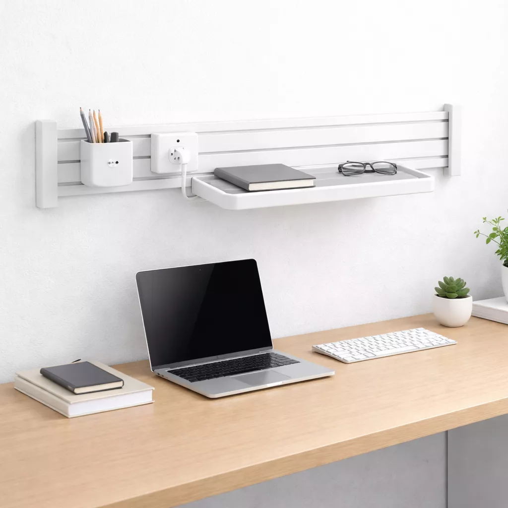 Große Slatwall-Ablage für Zubehör und Unterlagen