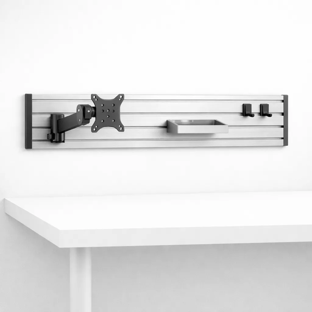 Slatwall Systeme mit Panels Monitorhalterungen Ablagen und Organisationszubehör