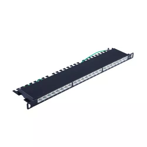 Slim Patchpanel Cat.6A – 24 Port – geschirmt – 19 Zoll – 0,5 HE – schwarz