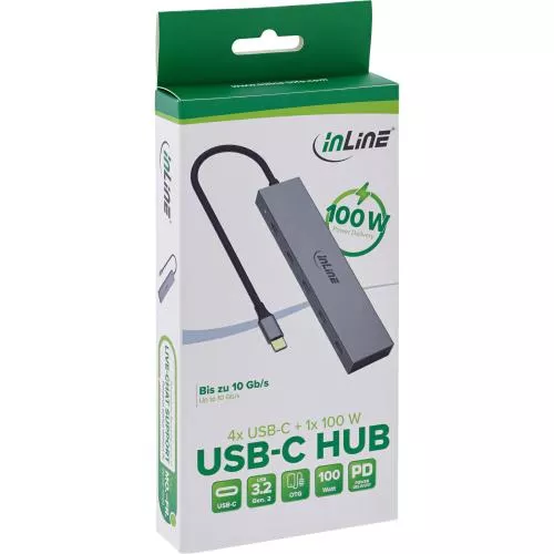 USB-C Hub 4x USB-C, 100W Power Delivery, USB 3.2 Gen 2, 10 Gb/s, grau