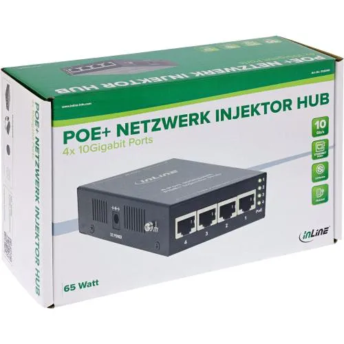 PoE+ 10Gigabit Injektor Hub, 4 Port, Metall, lüfterlos