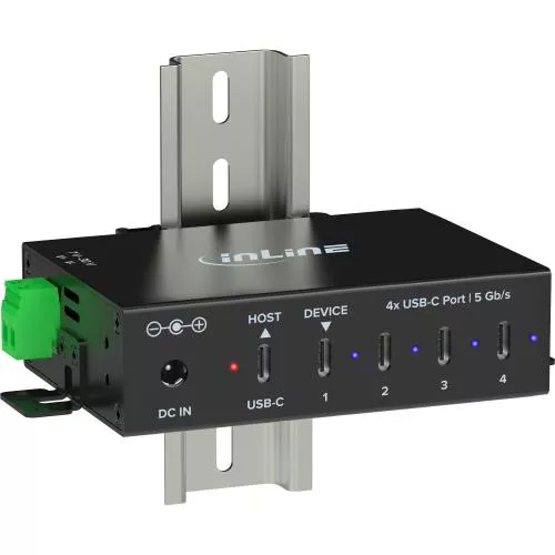 USB 3.2 Industrie-Hub 4-Port USB-C, Aluminium, DIN-Schiene