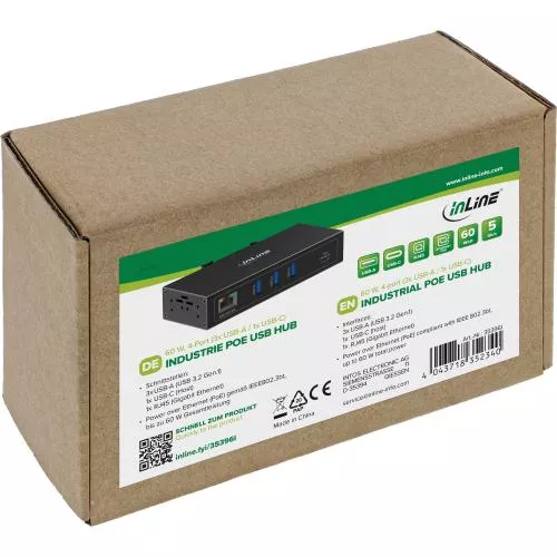 USB PoE Hub Industrie, 4-Port, 3x USB-A/1x USB-C, Gigabit, 60 W