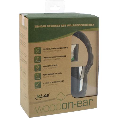 InLine® woodon OnEar Headset mit Kabelmikrofon und Funktionstaste Walnuß