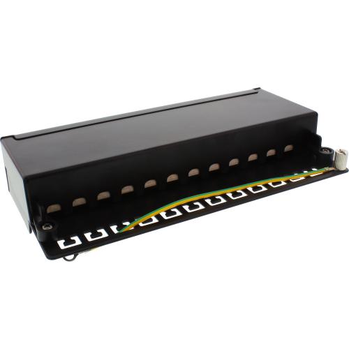 Preview: Patchpanel Cat.6A – 12-fach, platzsparende Bauweise, Tisch/Wandmontage, schwarz (RAL 9005)