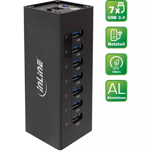 InLine® USB 3.0 Hub 7 Port Aluminiumgehäuse schwarz mit 2,5A Netzteil