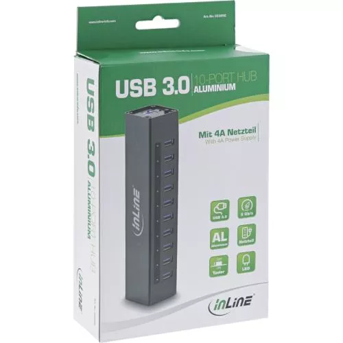 InLine® USB 3.0 Hub 10 Port Aluminiumgehäuse schwarz mit 4A Netzteil