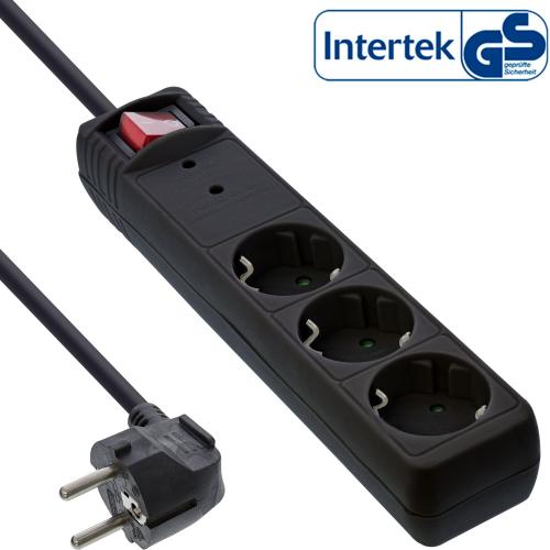 InLine® Steckdosenleiste 3-fach Schutzkontakt mit Überspannungsschutz Schalter 1,5m schwarz