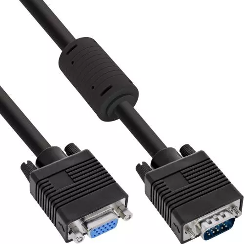VGA Verlängerung 15pol HD Stecker/Buchse, schwarz, mit Ferrit