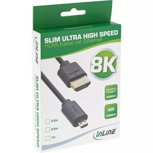 InLine® Slim Ultra High Speed HDMI Kabel 8K4K A Stecker / D Stecker (Micro) schwarz / gold