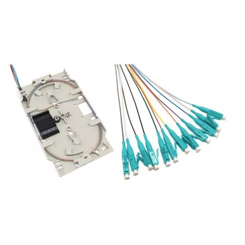 LWL Spleißkassette – 12× LC/UPC Pigtails – Multimode OM3 – farbig – 2,0 m