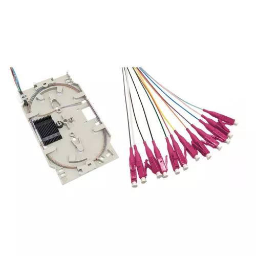 LWL Spleißkassette – 12× LC/UPC Pigtails – Multimode OM4 – farbig – 2,0 m