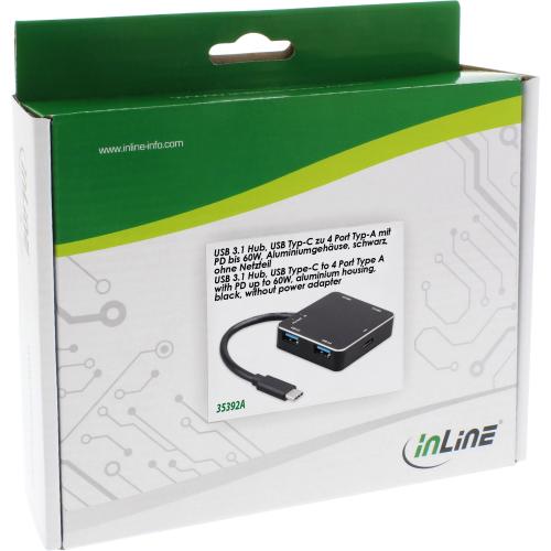 Preview: InLine® USB 3.1 Hub USB Typ C zu 4 Port Typ A mit PD bis 60W Aluminiumgehäuse schwarz ohne Netzteil