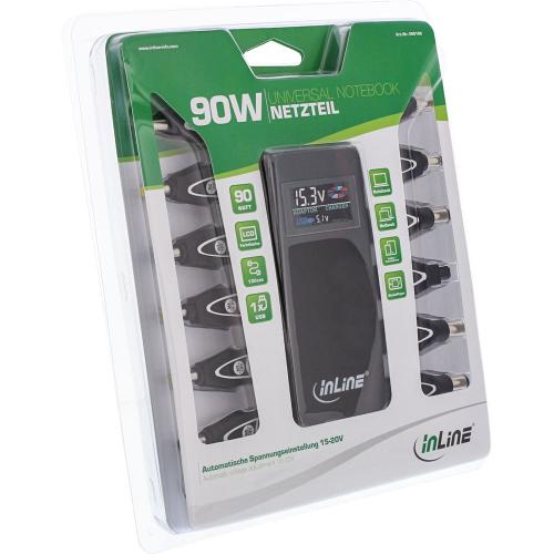 Preview: Inline Universal Netzteil für Notebooks mit Farbdisplay 90W USB 100-240V schwarz mit 12 Wechselsteckern