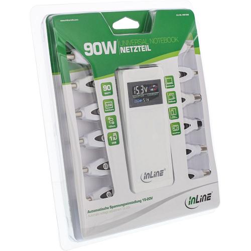 Preview: Inline Universal Netzteil für Notebooks mit Farbdisplay 90W USB 100-240V weiß mit 12 Wechselsteckern