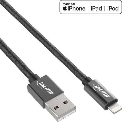 InLine® Lightning USB Kabel, für iPad, iPhone, schwarz/Alu, MFi-zertifiziert