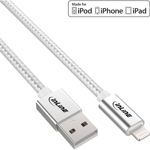 InLine® Lightning USB Kabel, für iPad, iPhone, iPod, silber/Alu, MFi-zertifiziert