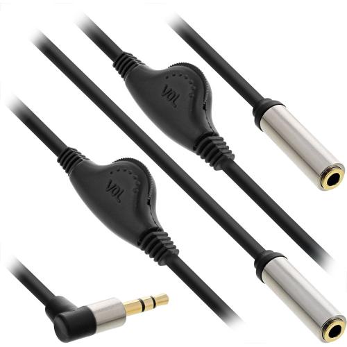 InLine® Slim Audio Y Kabel Klinke 3,5mm Stecker gewinkelt an 2x Klinke Buchse mit Lautstärkeregler 0,25m