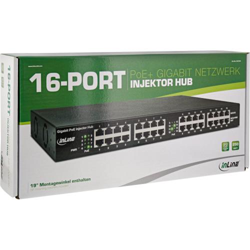 Preview: 16-Port PoE+ Gigabit Injektor Hub, 250W Gesamtleistung, 19" Rack