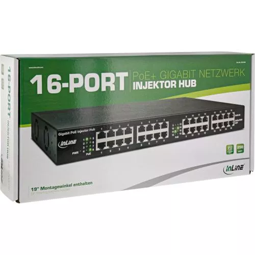 InLine® PoE+ Gigabit Netzwerk Injektor Hub 16 Port 16x PoE+ 1GBit/s 19" Metall 2 Lüfter