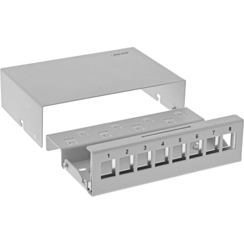 Preview: Patchpanel Dose Aufputz – für 8x Keystone RJ45, Metall, lichtgrau (RAL 7035)