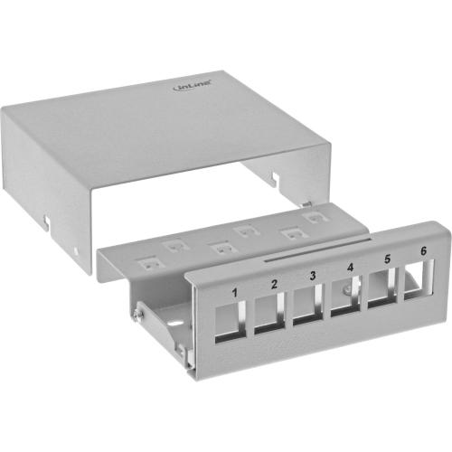 Preview: Patchpanel Dose Aufputz – für 6x Keystone RJ45, Metall, lichtgrau (RAL 7035)
