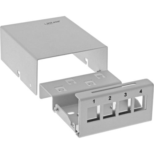 Preview: Patchpanel Dose Aufputz – für 4x Keystone RJ45, Metall, lichtgrau (RAL 7035)