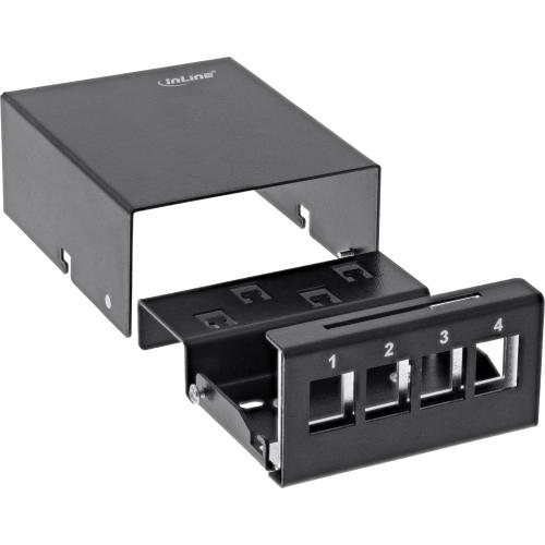 Preview: Patchpanel Dose Aufputz – 4x Keystone RJ45, Metall, schwarz (RAL 9005)