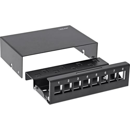 Preview: Patchpanel Dose Aufputz – für 8x Keystone RJ45, Metall, schwarz (RAL 9005)