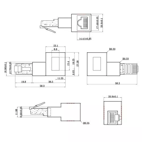 RJ45-Adapter Cat.6A, gewinkelt 90° nach links, geschirmt