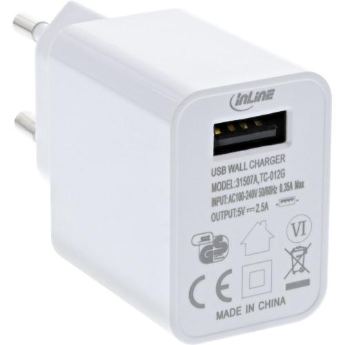 Preview: InLine® USB Ladegerät Single Netzteil Stromadapter 100-240V zu 5V/2,5A weiß