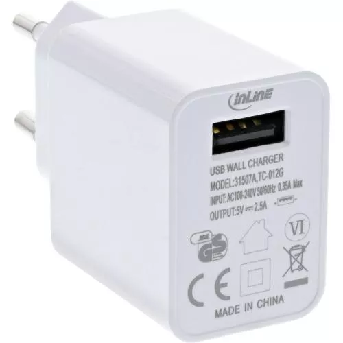 InLine® USB Ladegerät Single Netzteil Stromadapter 100-240V zu 5V/2,5A weiß