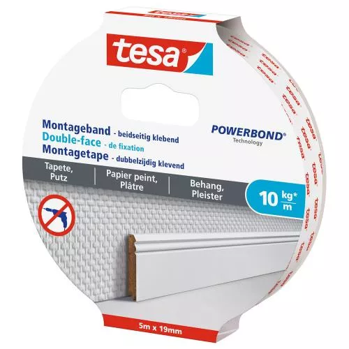 tesa Montageband 5m x 19mm für Tapeten und Putz bis zu 10kg/m weiß