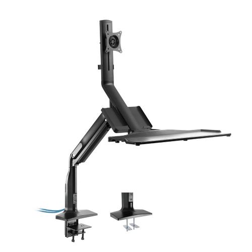 Workstation Tischhalterung mit Gasfederlifter & USB 3.0 – für Monitor bis 32", Tastatur & Maus, schwarz