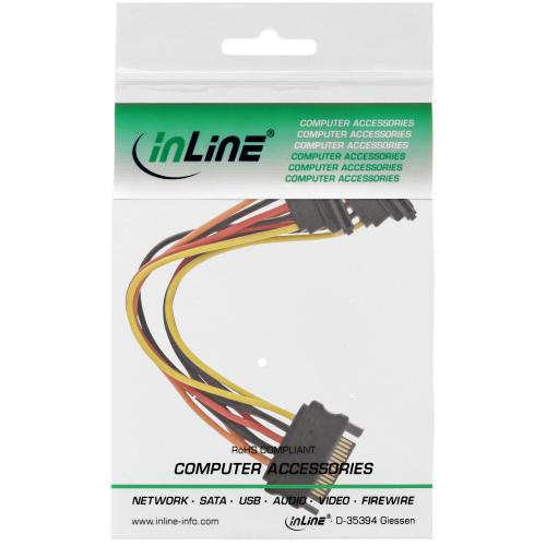 Preview: InLine® SATA Strom-Y-Kabel SATA Buchse an 2x SATA Stecker gewinkelt mit Sicherheitslaschen 0,15m