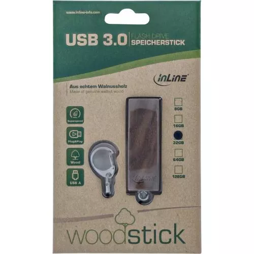 InLine® woodstick USB 3.0 Speicherstick Walnuss Holz 32GB
