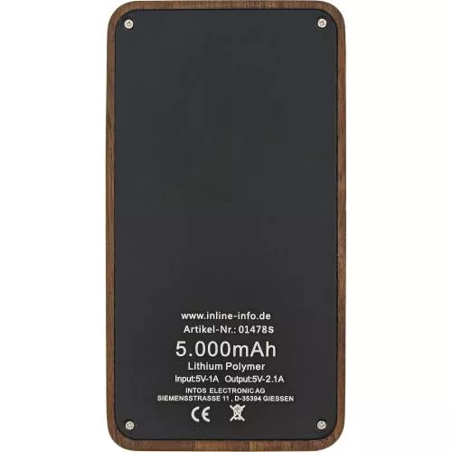 InLine® woodplate USB Powerbank 5.000mAh mit LED Status Anzeige Echtholz Walnuss 2.1A Ausgabe
