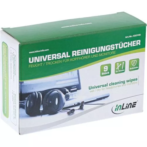 InLine® Universal Reinigungstücher nass / trocken für Kopfhörer und Monitore