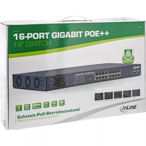 InLine® PoE++ Gigabit Netzwerk Switch 16 Port 1GBit/s 2xSFP 19" Metall Lüftersteuerung mit Display Passwortschutz 300W