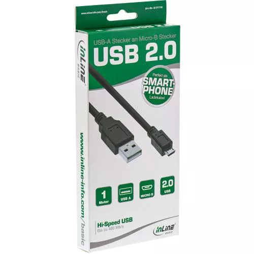 InLine® Basic Micro-USB 2.0 Kabel, USB-A an Micro-B ST/ST, schwarz, 1m