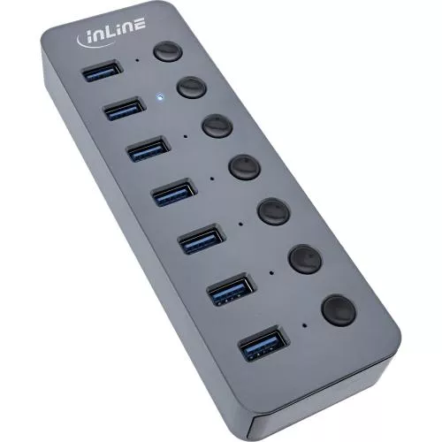 InLine USB 3.2 Gen.1 Hub 7-Port mit Schalter Aluminium grau mit Netzteil