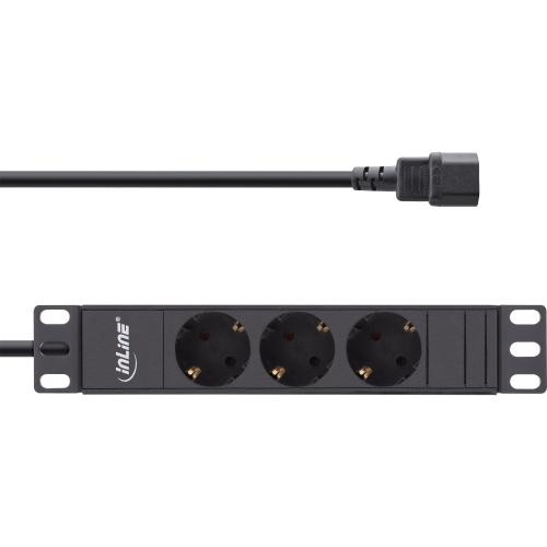 Preview: InLine® 10" Steckdosenleiste 3-fach Schutzkontakt C14 Anschluss ohne Schalter 2m schwarz