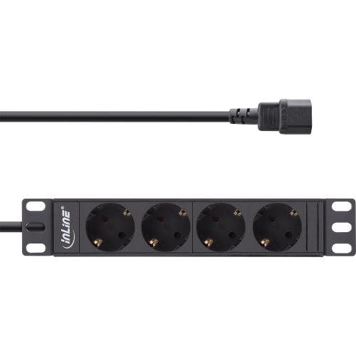 Preview: InLine® 10" Steckdosenleiste 4-fach Schutzkontakt C14 Anschluss ohne Schalter 2m schwarz