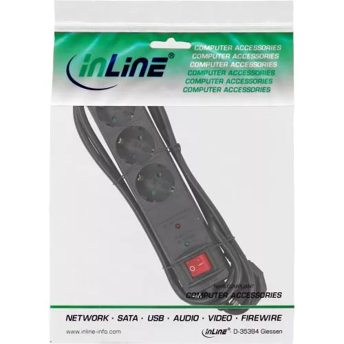 InLine® Steckdosenleiste 3-fach Schutzkontakt mit Überspannungsschutz Schalter 1,5m schwarz