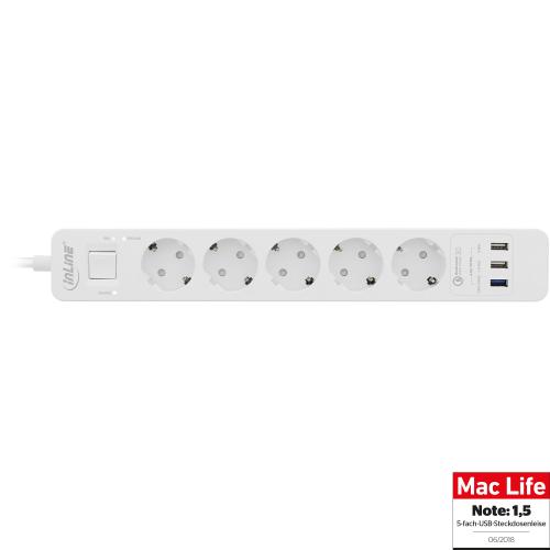 Preview: InLine® Steckdosenleiste 5-fach Schutzkontakt Überspannungsschutz und QuickCharge USB mit Schalter 1,5m, weiß