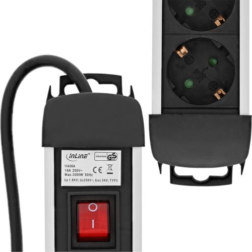 Preview: InLine® Steckdosenleiste Alu 6fach Überspannungsschutz mit Schalter 1,5m Zuleitung
