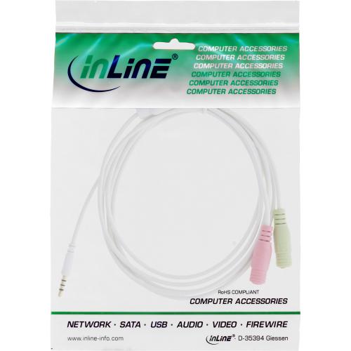 InLine® Audio Headset Adapterkabel 3,5mm Klinke Stecker 4pol. an 2x 3,5mm Klinke Buchse weiß 1m