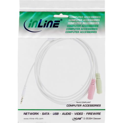 Preview: InLine® Audio Headset Adapterkabel 3,5mm Klinke Stecker 4pol. an 2x 3,5mm Klinke Buchse weiß 1m
