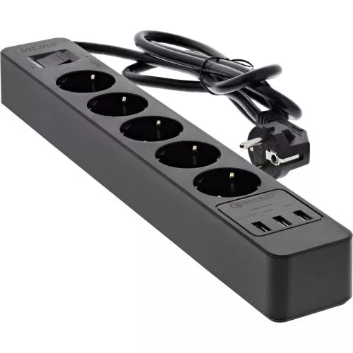 InLine Steckdosenleiste 5-fach Schutzkontakt Überspannungsschutz und QuickCharge USB mit Schalter 1,5m schwarz